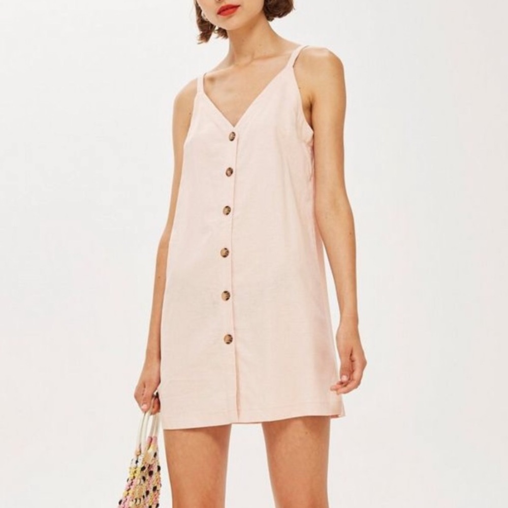 Topshop Linen Blend Button Front Mini Dress Sleeveless Pink Sz 8